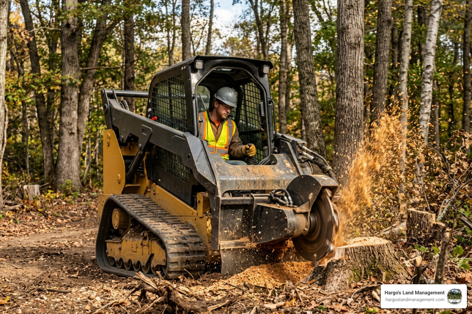 skid steer stump grinder attachment processing a stump