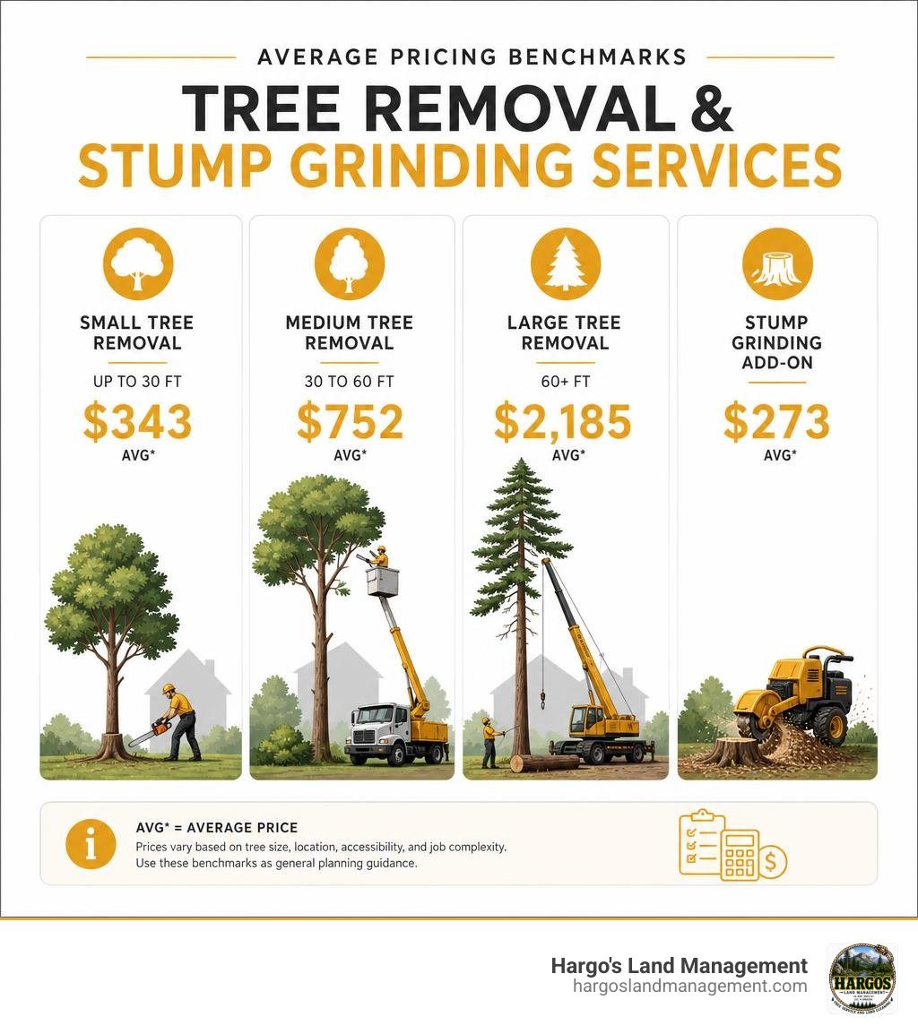 Average pricing benchmarks for tree removal and stump grinding services infographic Average pricing benchmarks for tree removal and stump grinding services infographic