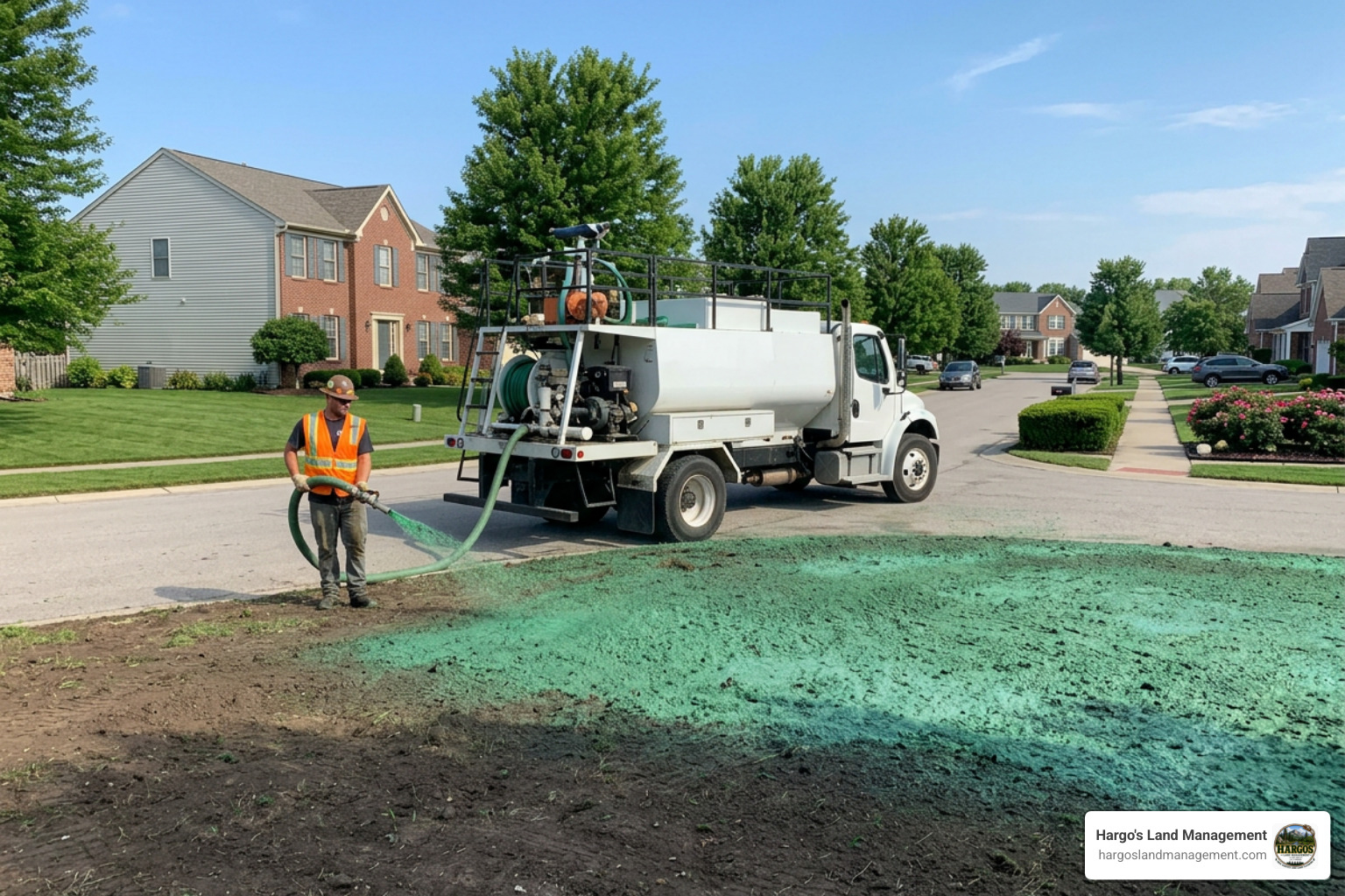 hydroseeding equipment spraying slurry onto ground hydroseeding equipment spraying slurry onto ground