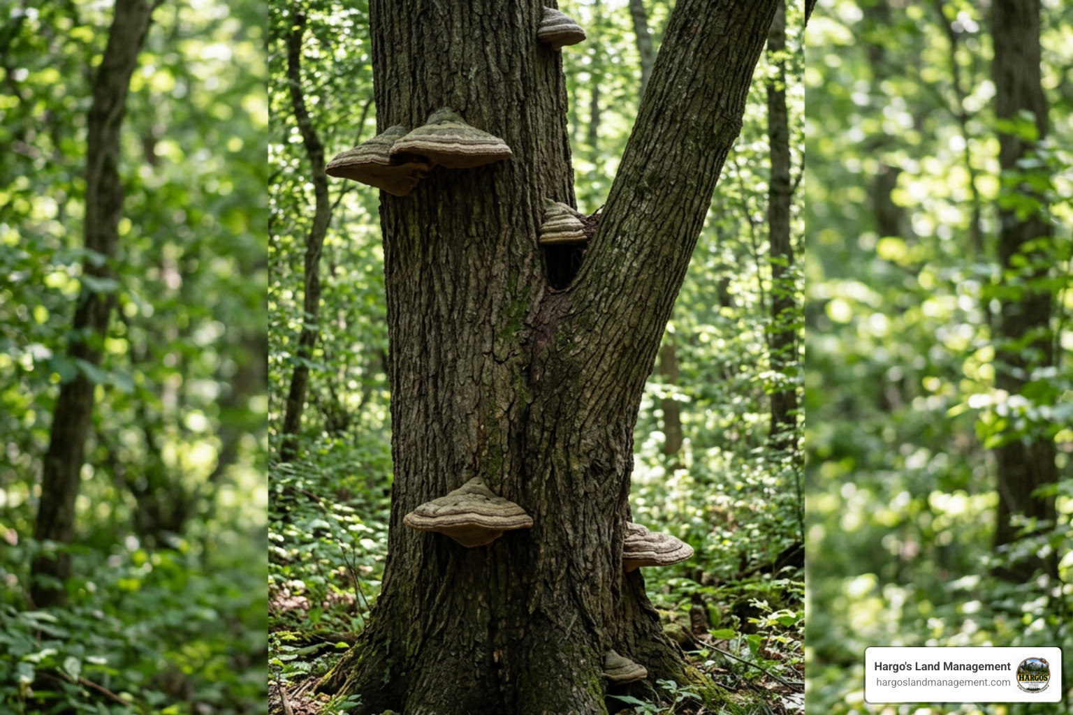 fungal conks on trunk decay and sharp V-shaped codominant stem