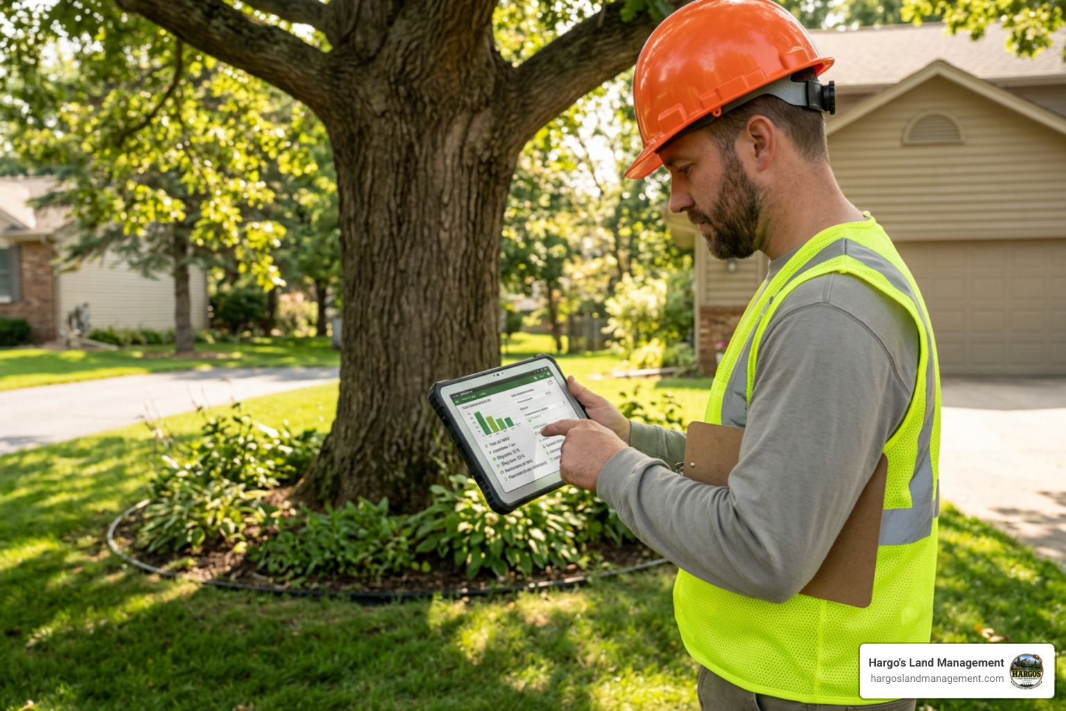 certified arborist documenting tree conditions on a tablet