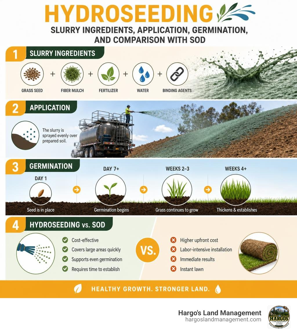 Hydroseeding slurry ingredients, application, germination, and comparison with sod infographic Hydroseeding slurry ingredients, application, germination, and comparison with sod infographic