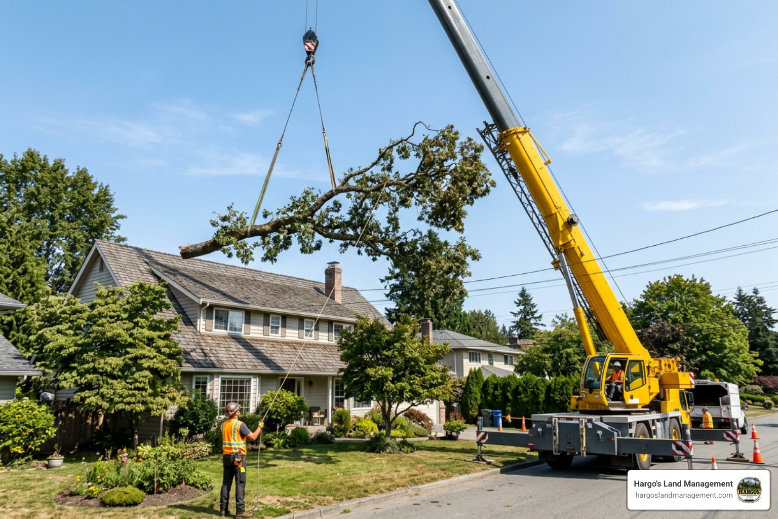 crane extracting massive tree limb over house roof crane extracting massive tree limb over house roof