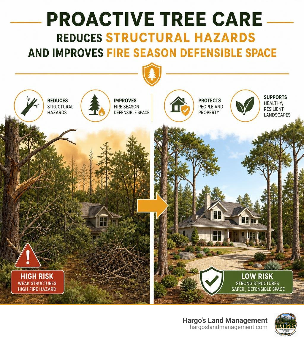 Proactive tree care reduces structural hazards and improves fire season defensible space infographic