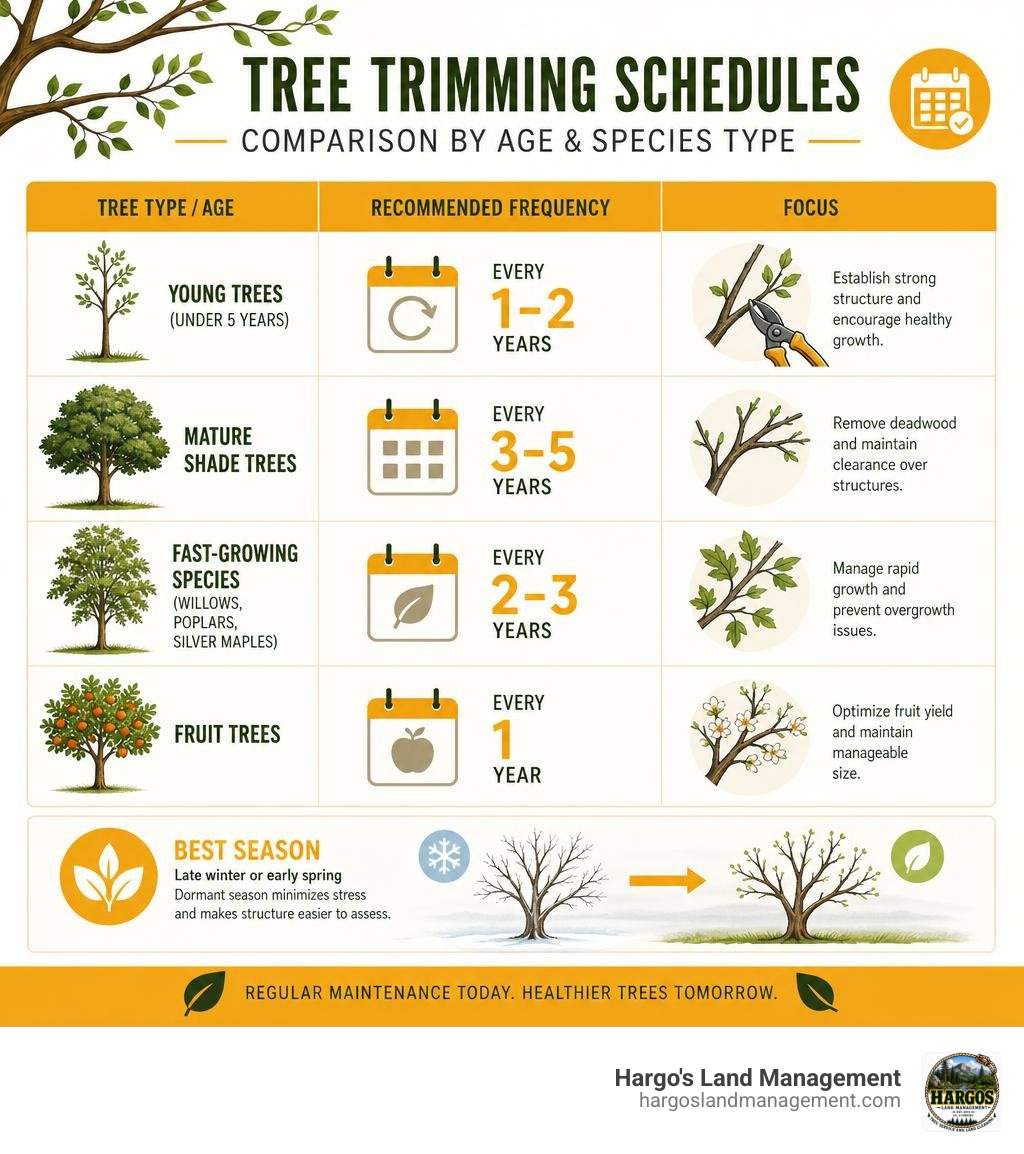 Comparison of tree trimming schedules by age and species type infographic Comparison of tree trimming schedules by age and species type infographic