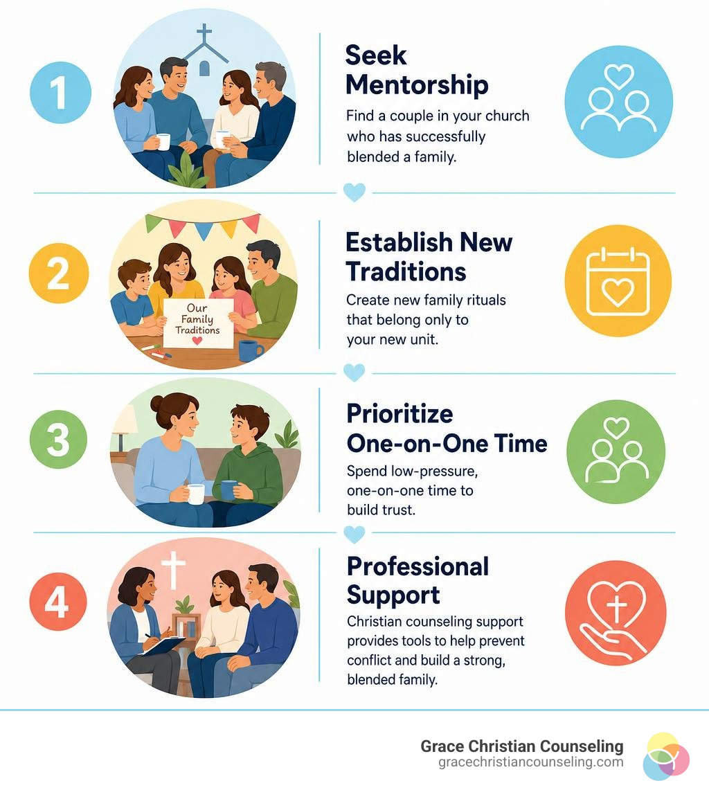 Infographic showing four practical steps for blended family unity: mentorship, new traditions, one-on-one time, and