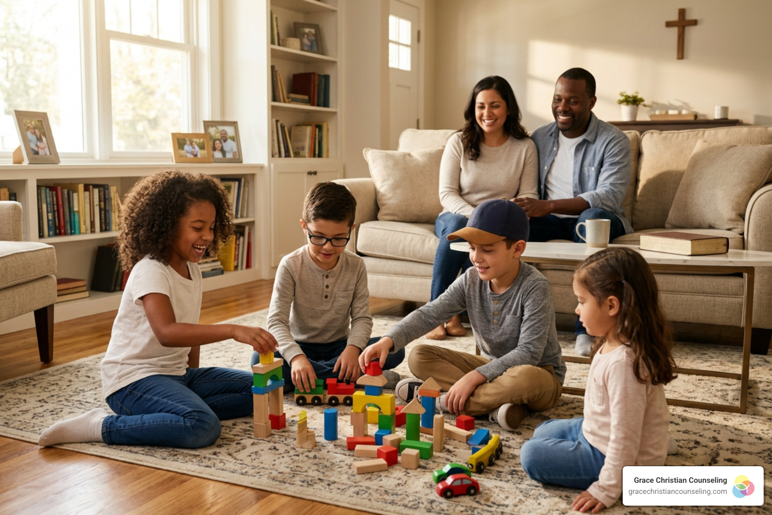 children playing together in a blended family setting - blended family faith counseling