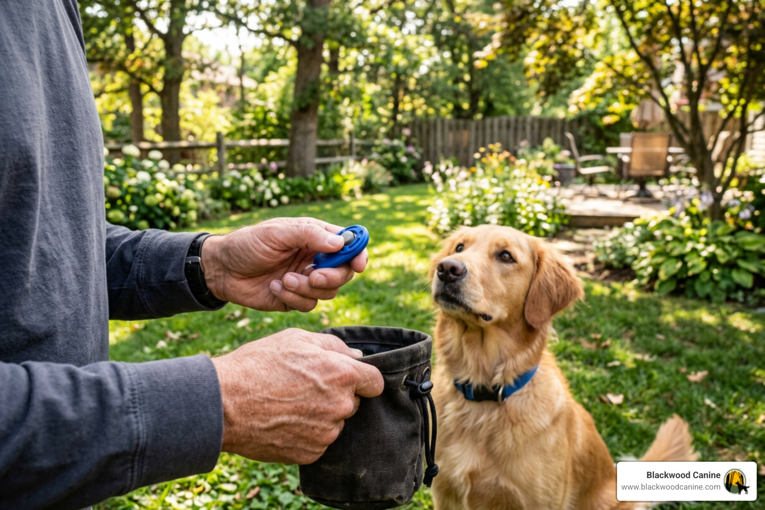 hands holding a dog clicker and treat pouch hands holding a dog clicker and treat pouch