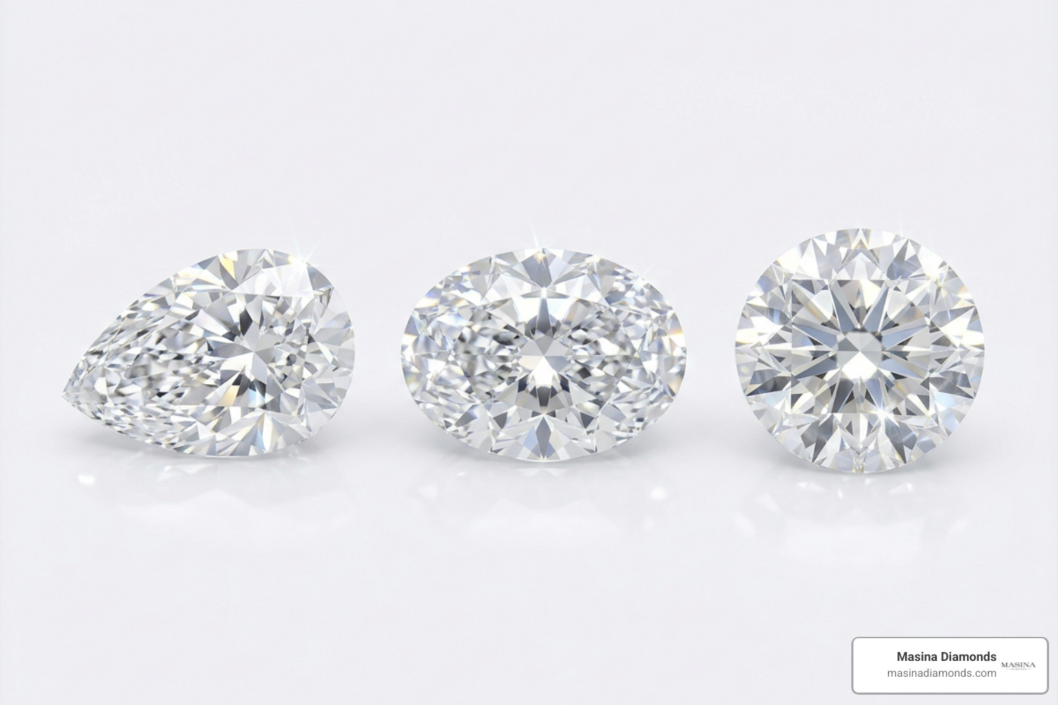 Comparison of pear, oval, and round brilliant diamonds