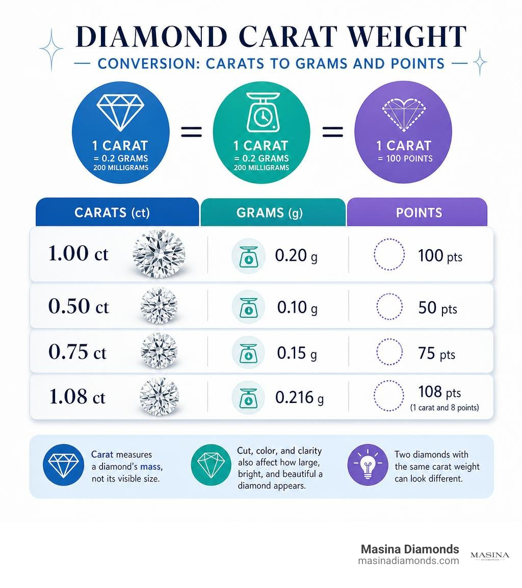 Diamond carat weight conversion from carats to grams and points infographic Diamond carat weight conversion from carats to grams and points infographic