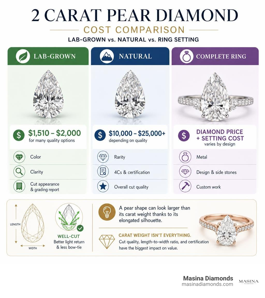 2 carat pear diamond cost comparison: lab-grown, natural, and ring setting infographic
