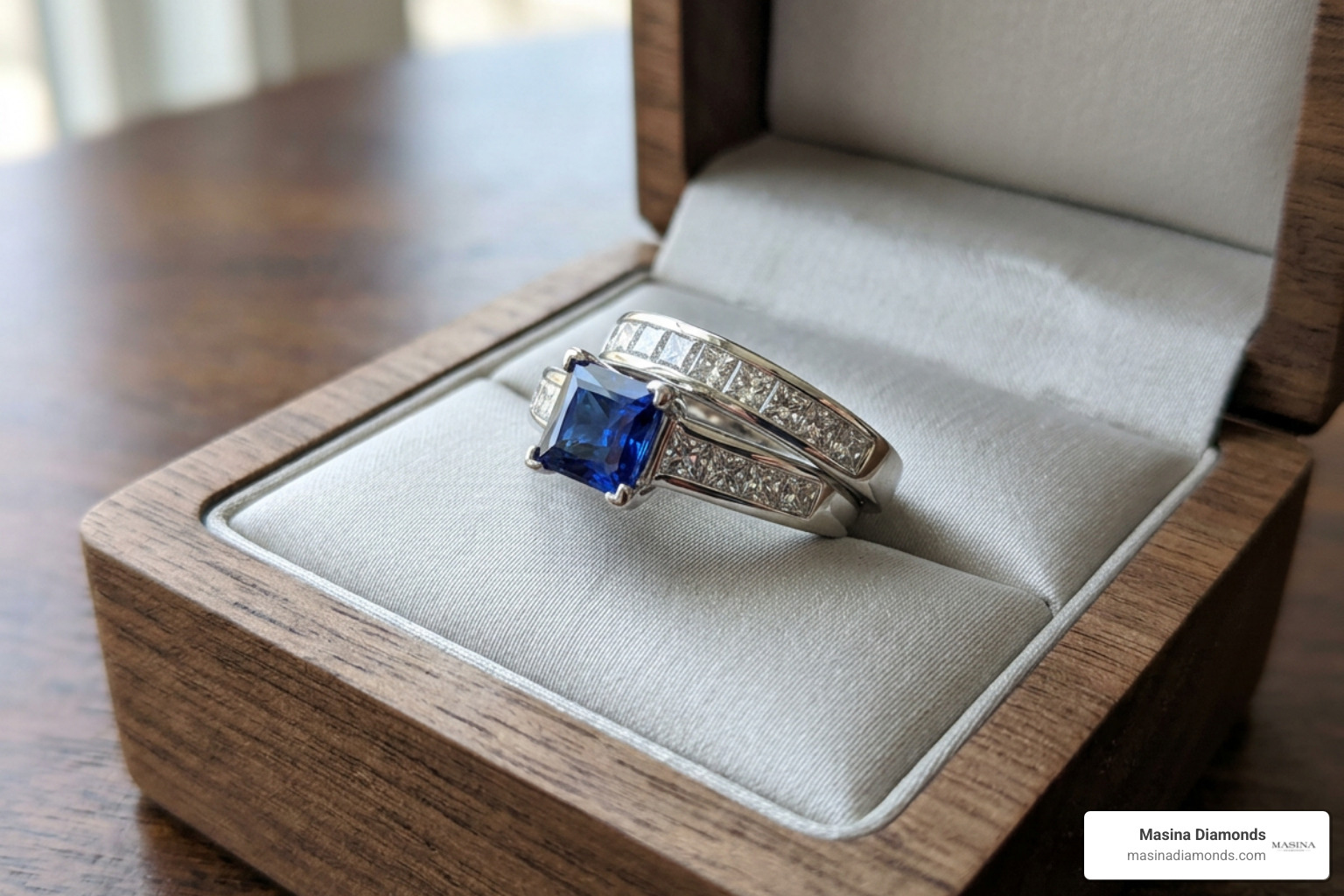princess cut blue sapphire bridal set