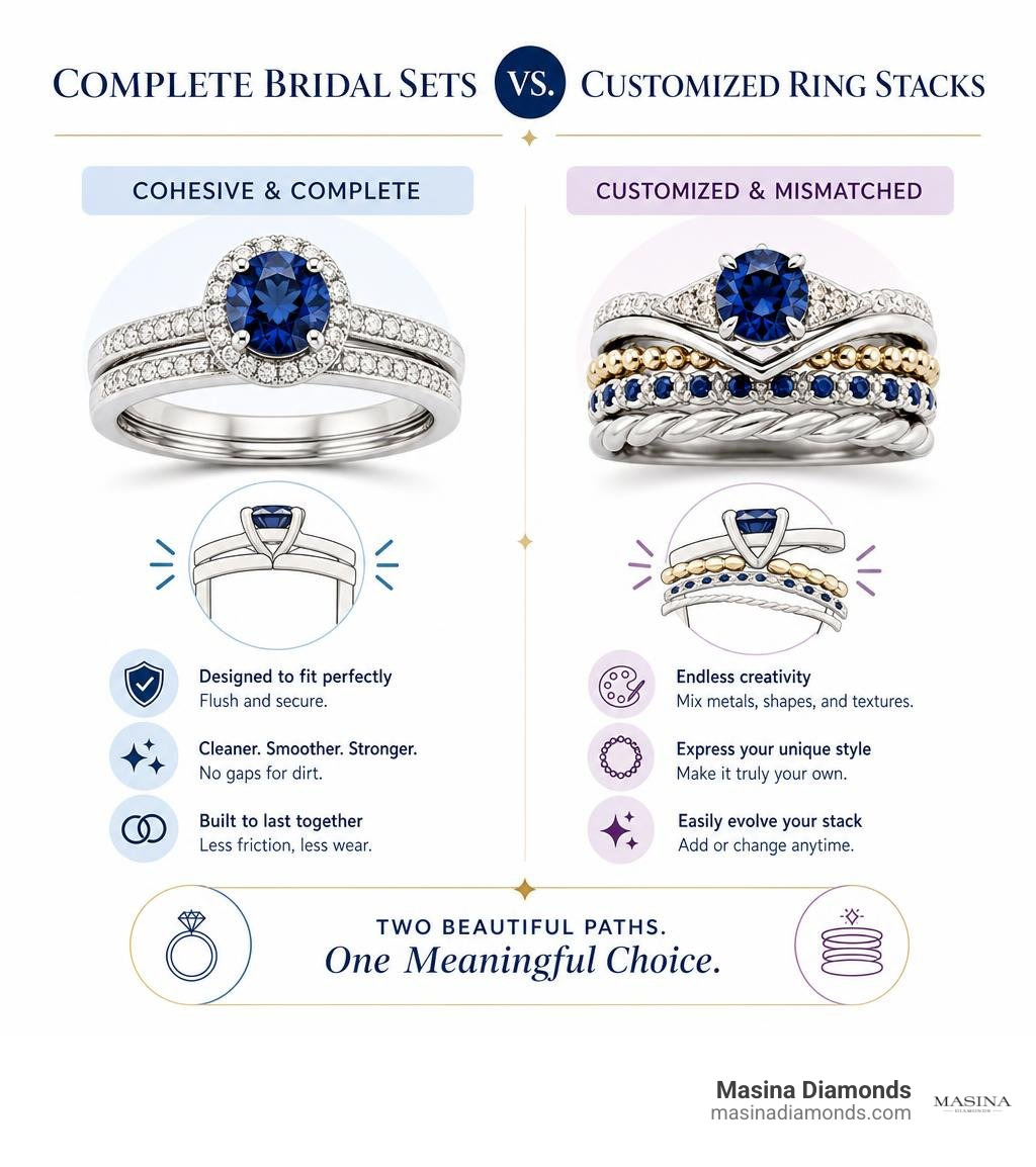 Comparison of cohesive complete bridal sets versus customized mismatched ring stacks infographic