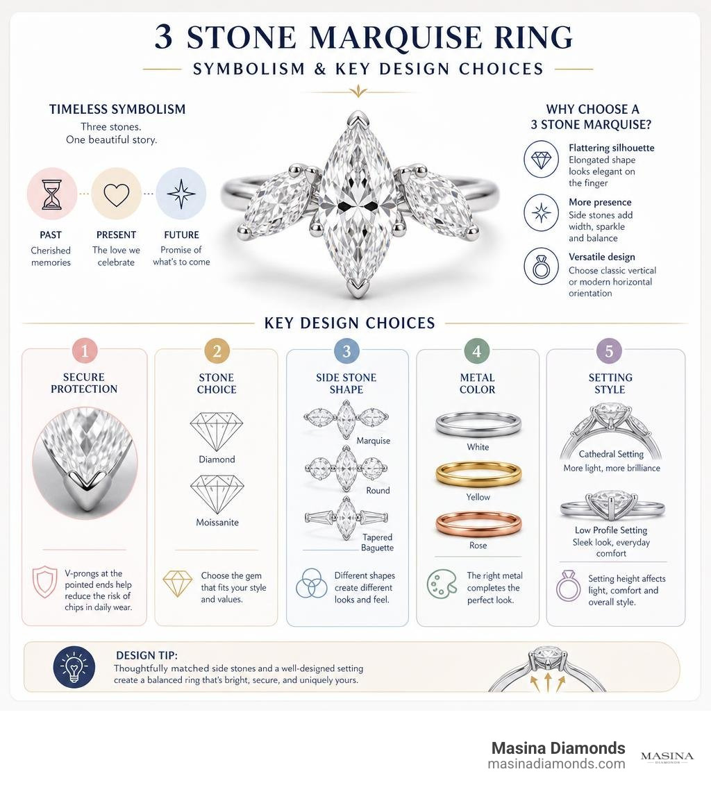 3 stone marquise ring style symbolism and key design choices infographic