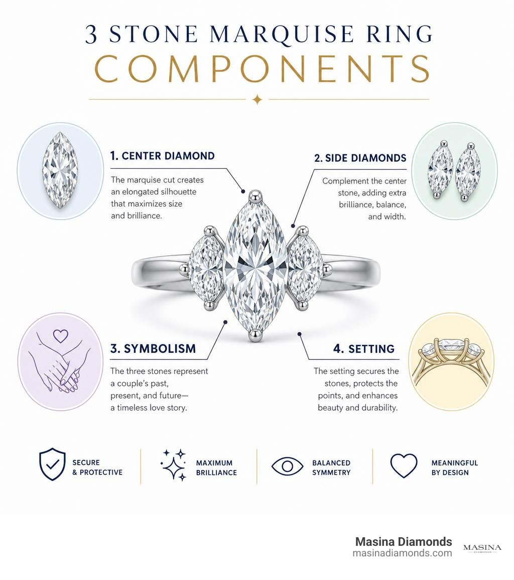 3 stone marquise ring components: center diamond, side diamonds, symbolism, and setting infographic 3 stone marquise ring components: center diamond, side diamonds, symbolism, and setting infographic