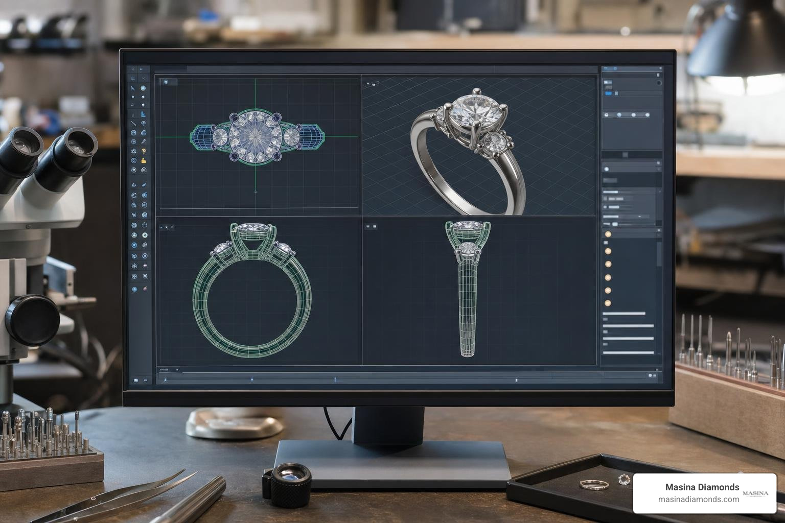 3D CAD modeling software rendering a custom diamond ring design