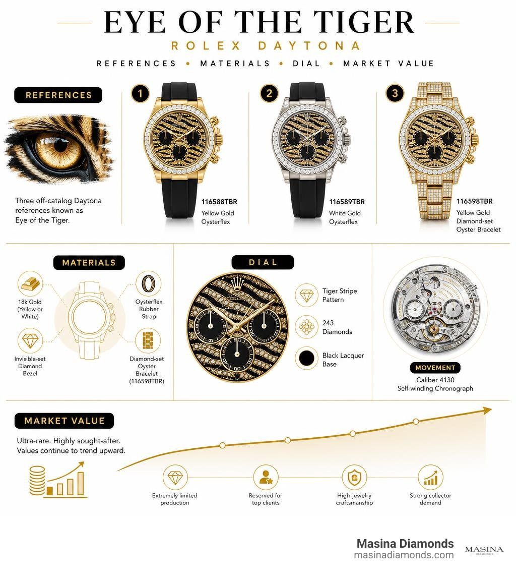 Eye of the Tiger Rolex references, materials, dial, and market value infographic