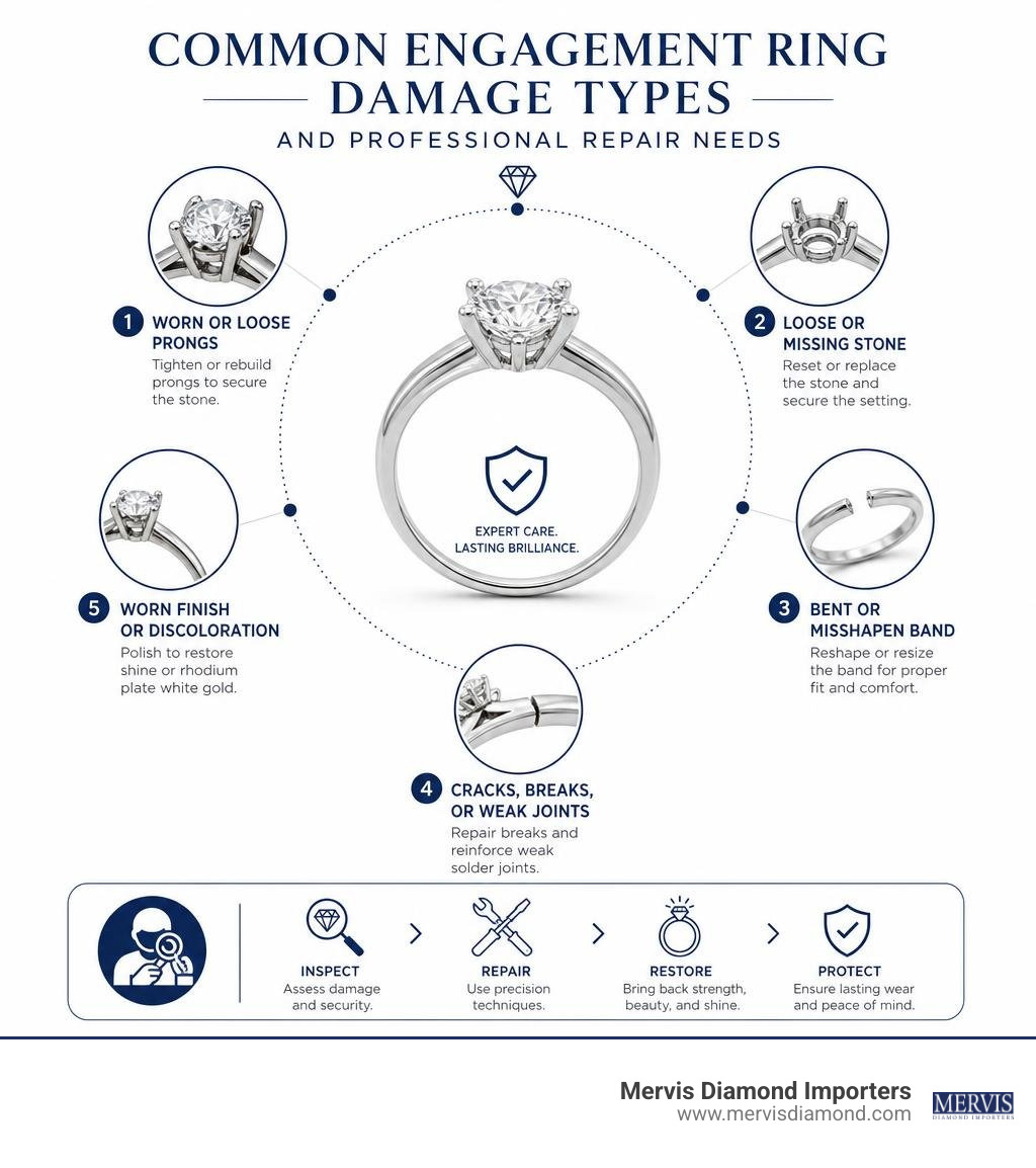 Common engagement ring damage types and professional repair needs infographic