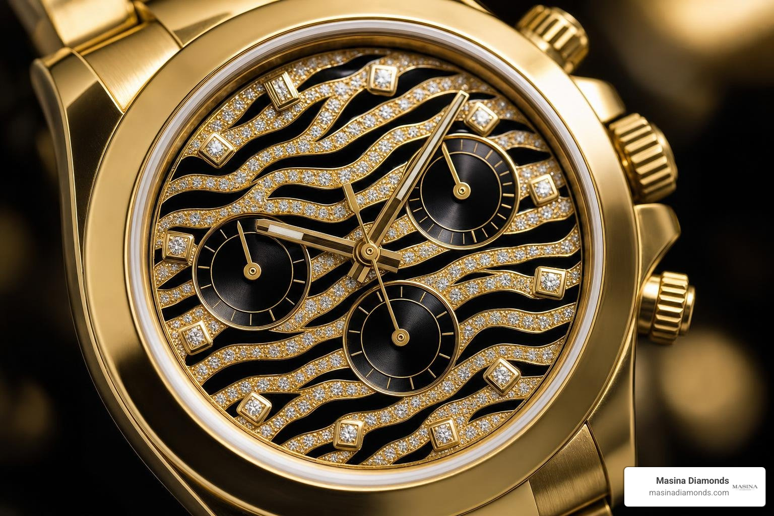 Detail of diamond pave dial with black lacquer tiger stripes