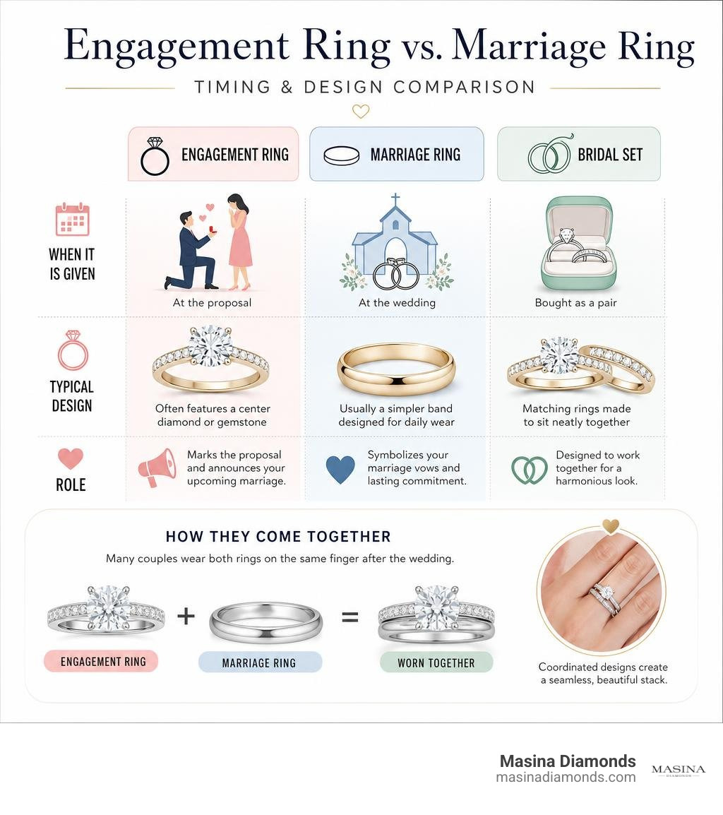 Engagement ring and marriage ring timing and design comparison infographic