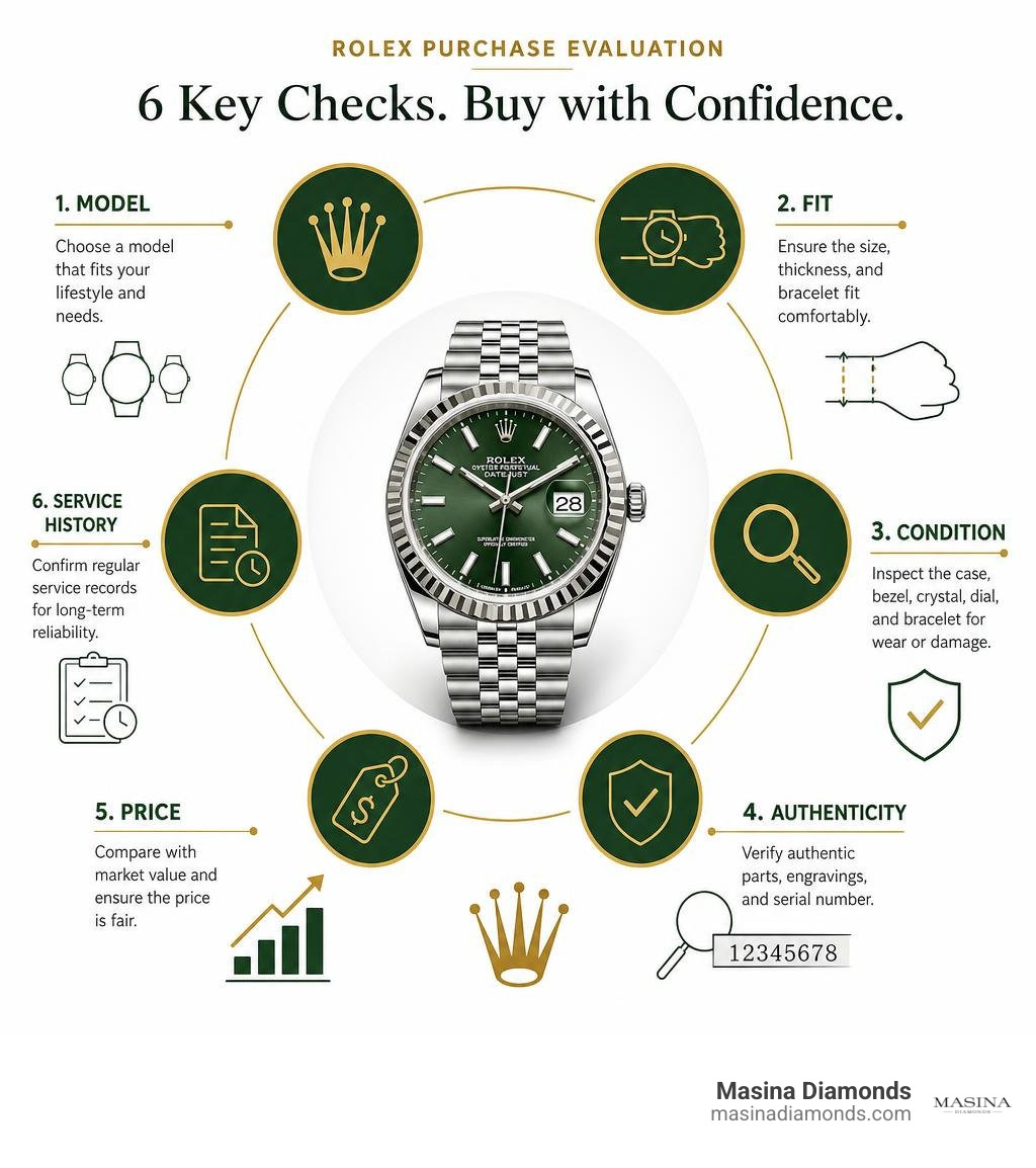 Rolex purchase evaluation: model, fit, condition, authenticity, price, and service history infographic