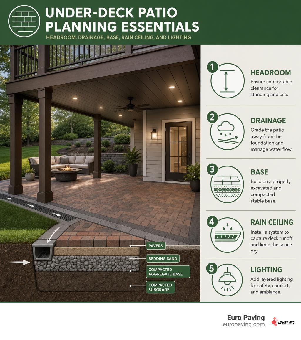 Under-deck patio planning essentials: headroom, drainage, base, rain ceiling, and lighting infographic