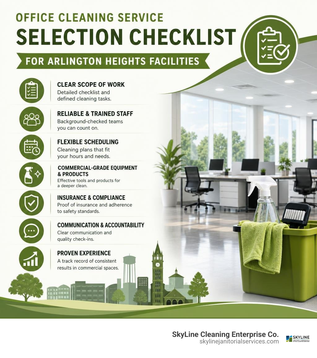 Office cleaning service selection checklist for Arlington Heights facilities infographic Office cleaning service selection checklist for Arlington Heights facilities infographic