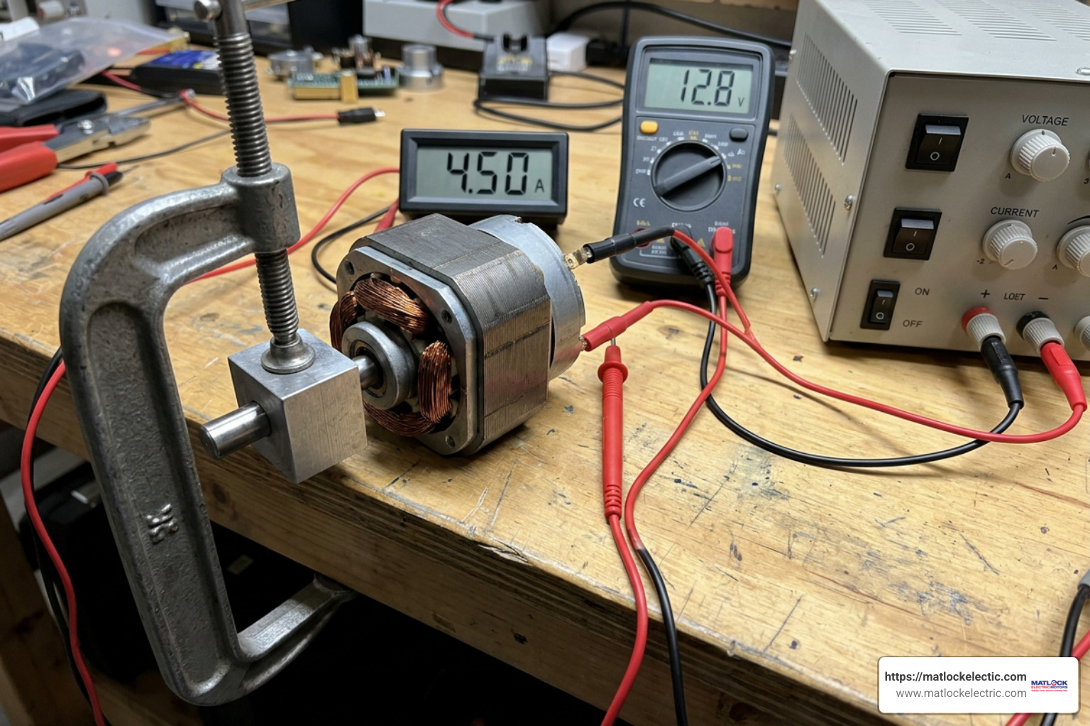 locked rotor electrical test setup for measuring DC motor armature resistance