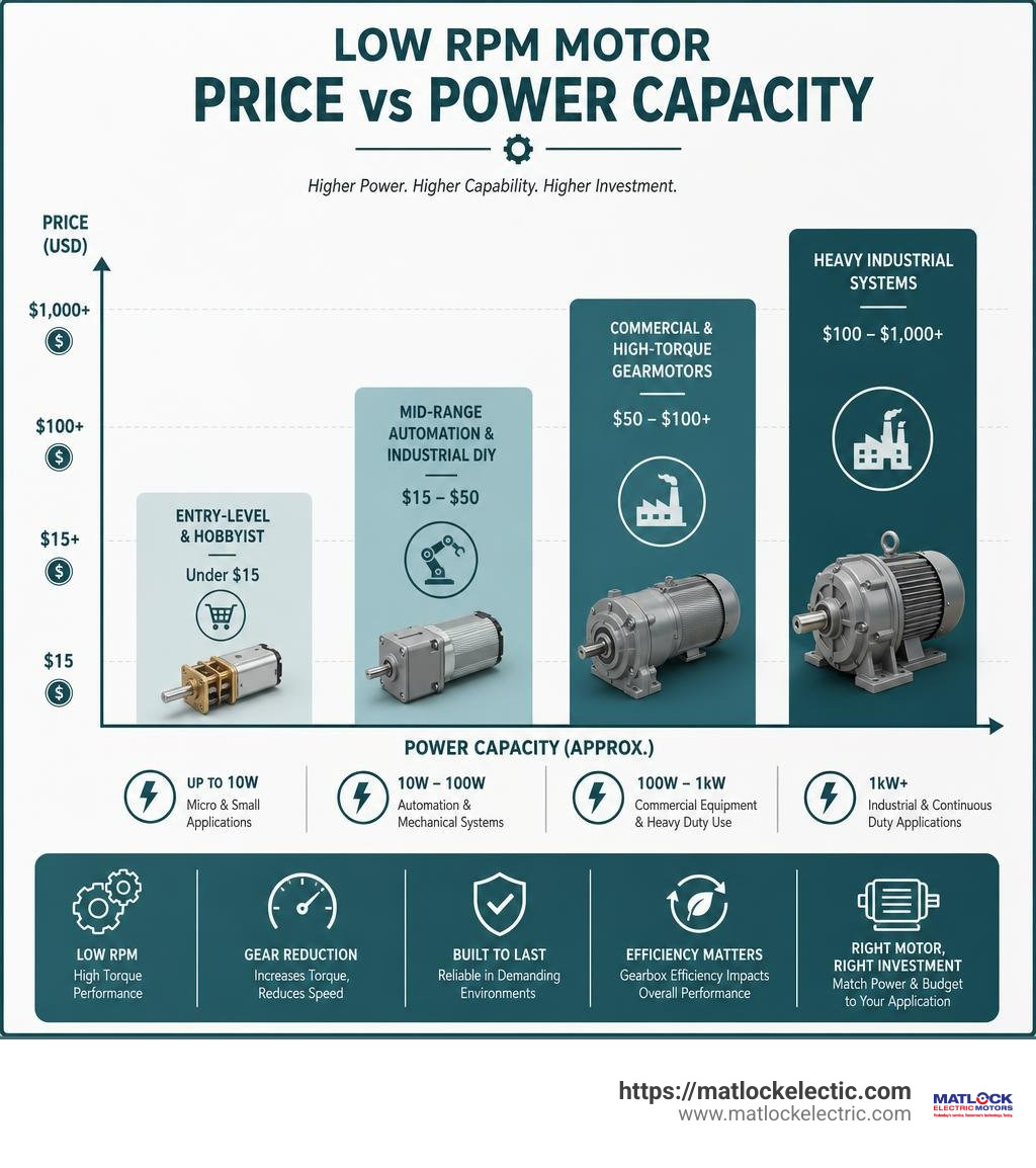 Low RPM motor price vs power capacity chart infographic