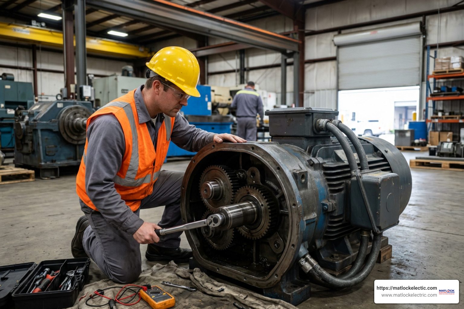 Technician inspecting low RPM industrial motor assembly