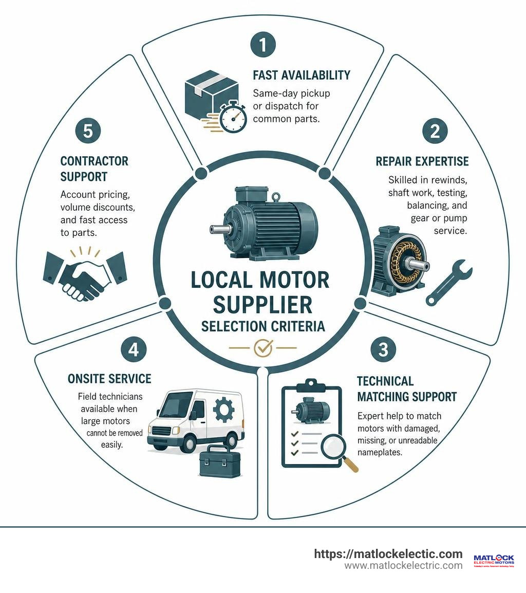 Infographic showing local motor supplier selection criteria infographic