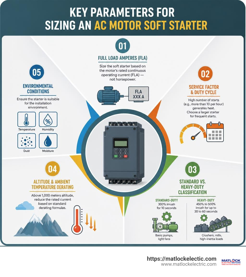 Infographic showing key parameters for sizing an AC motor soft starter infographic
