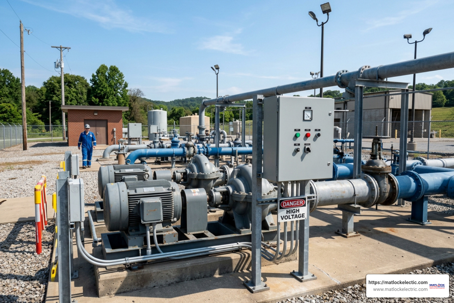 Industrial water pumping facility equipped with soft starter control panels