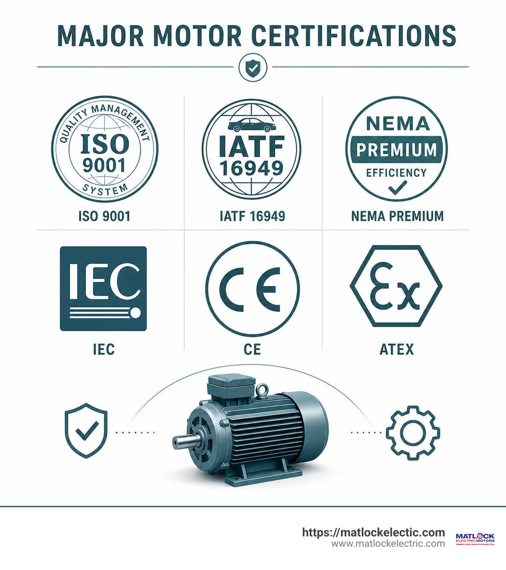 Infographic displaying major motor certification logos: ISO 9001, IATF 16949, NEMA Premium, IEC, CE, ATEX infographic
