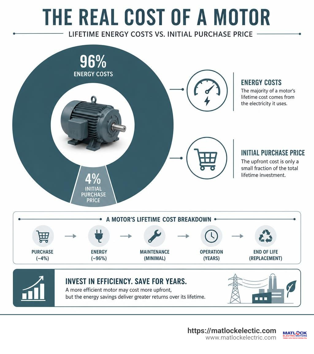 Infographic breaking down lifetime energy costs versus initial purchase price of an industrial motor infographic