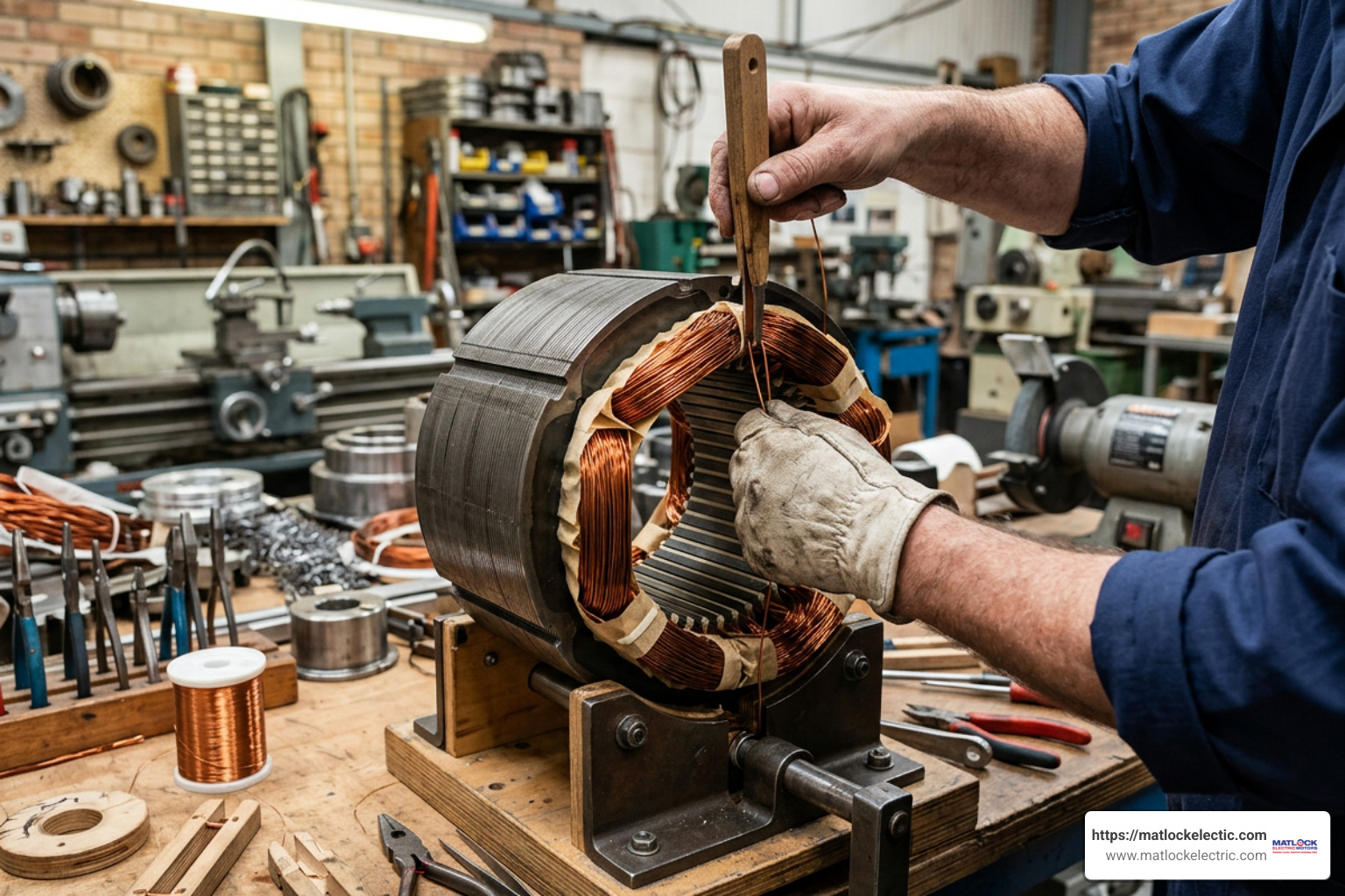 Precision coil rewinding on a 3 phase motor stator Precision coil rewinding on a 3 phase motor stator