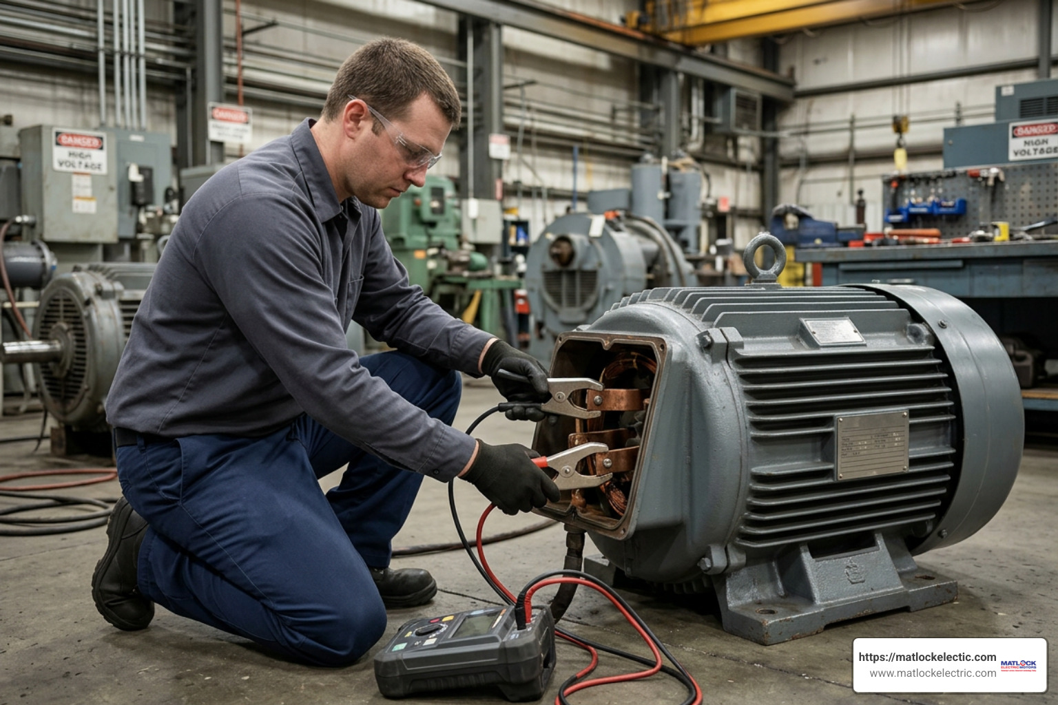 technician connecting Kelvin clamps to motor leads