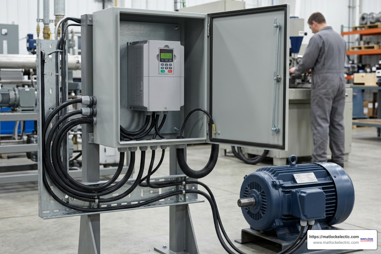 Industrial Variable Frequency Drive connected to an AC motor in an automation panel
