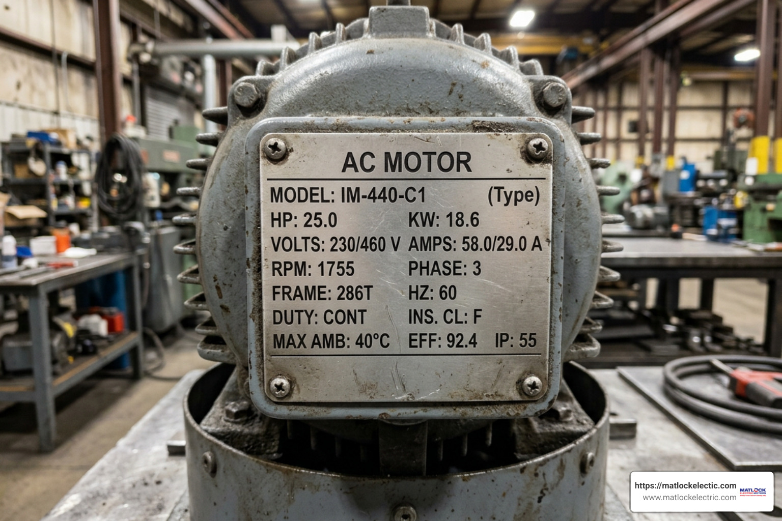Detailed view of an industrial electric motor nameplate displaying voltage horsepower and frame specs