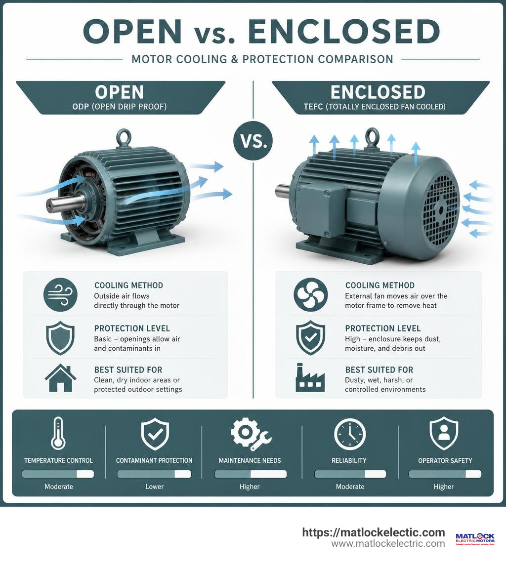 Open versus enclosed motor cooling and protection comparison infographic Open versus enclosed motor cooling and protection comparison infographic