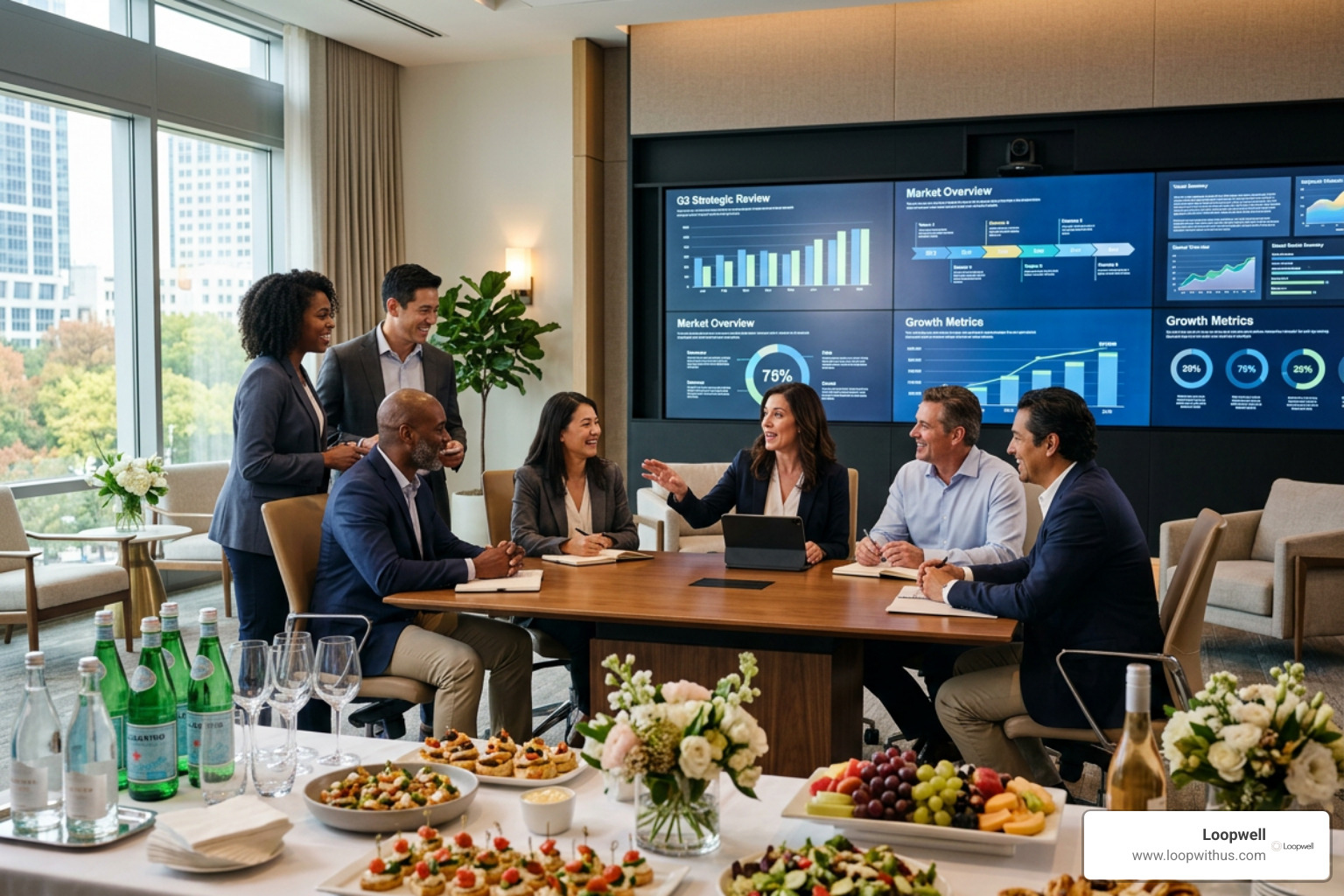 Photorealistic image of an executive offsite featuring high-end catering and a full wall of screens for dynamic team Photorealistic image of an executive offsite featuring high-end catering and a full wall of screens for dynamic team