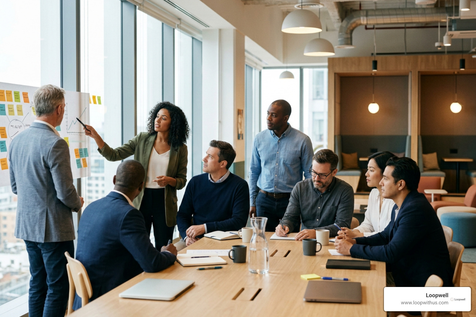 Photorealistic image of diverse corporate professionals participating in an interactive group workshop in a premiere event Photorealistic image of diverse corporate professionals participating in an interactive group workshop in a premiere event