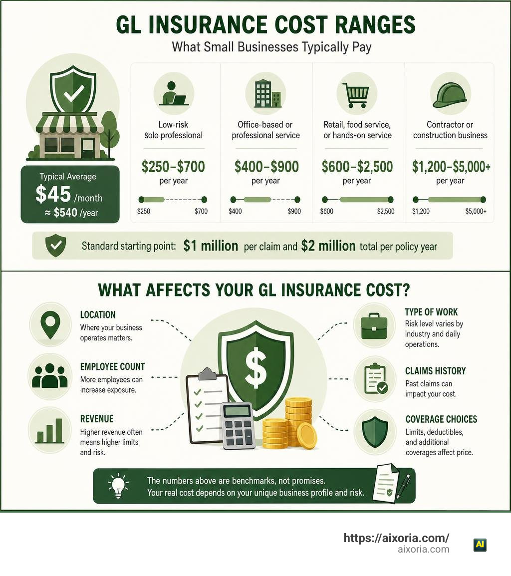 Infographic showing GL insurance cost ranges and the main small-business pricing factors infographic