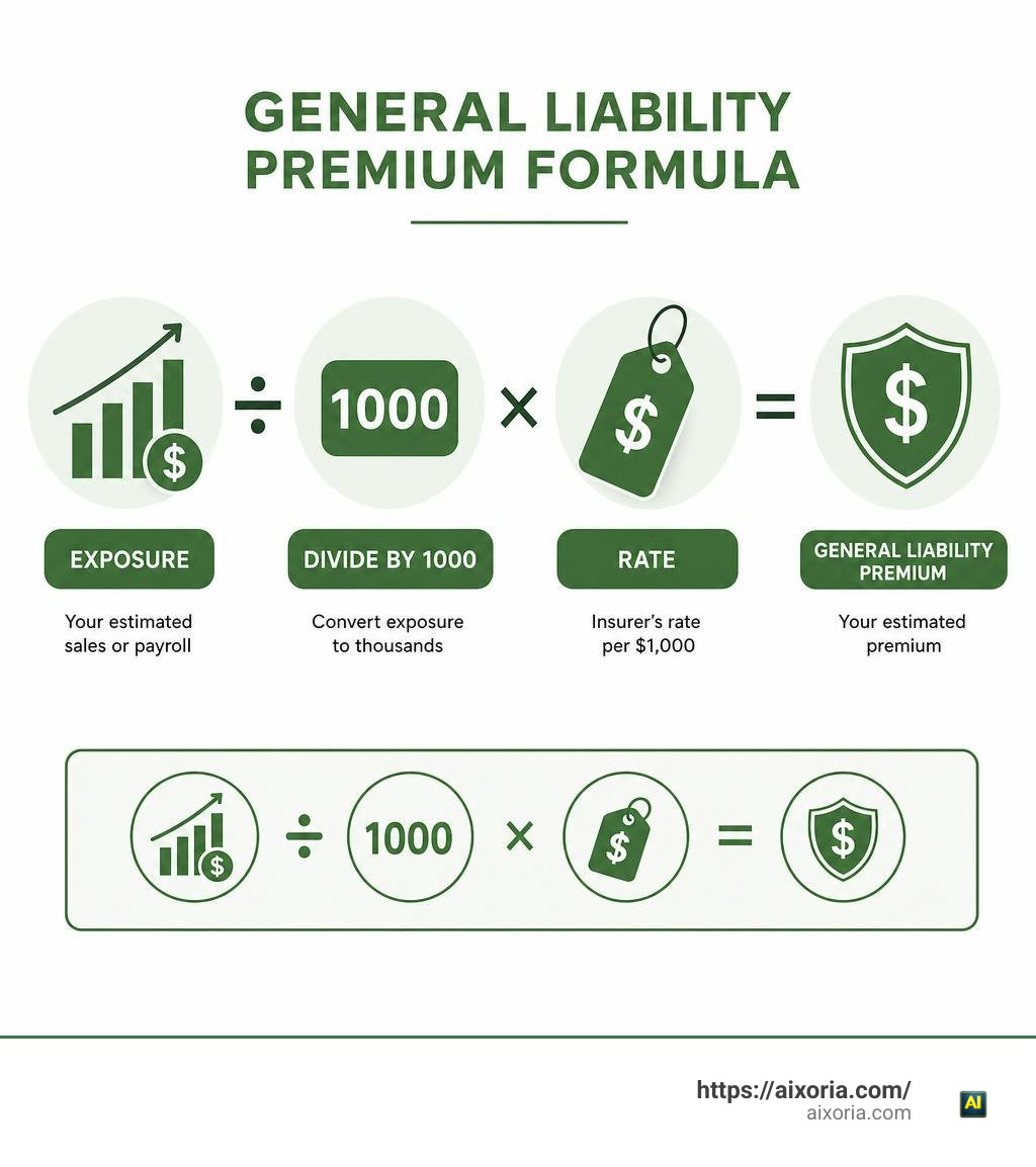 Infographic showing exposure divided by 1000 multiplied by rate equals general liability premium infographic Infographic showing exposure divided by 1000 multiplied by rate equals general liability premium infographic