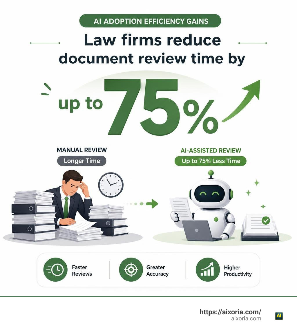 Stat showing AI adoption efficiency gains: law firms reduce document review time by up to 75% infographic