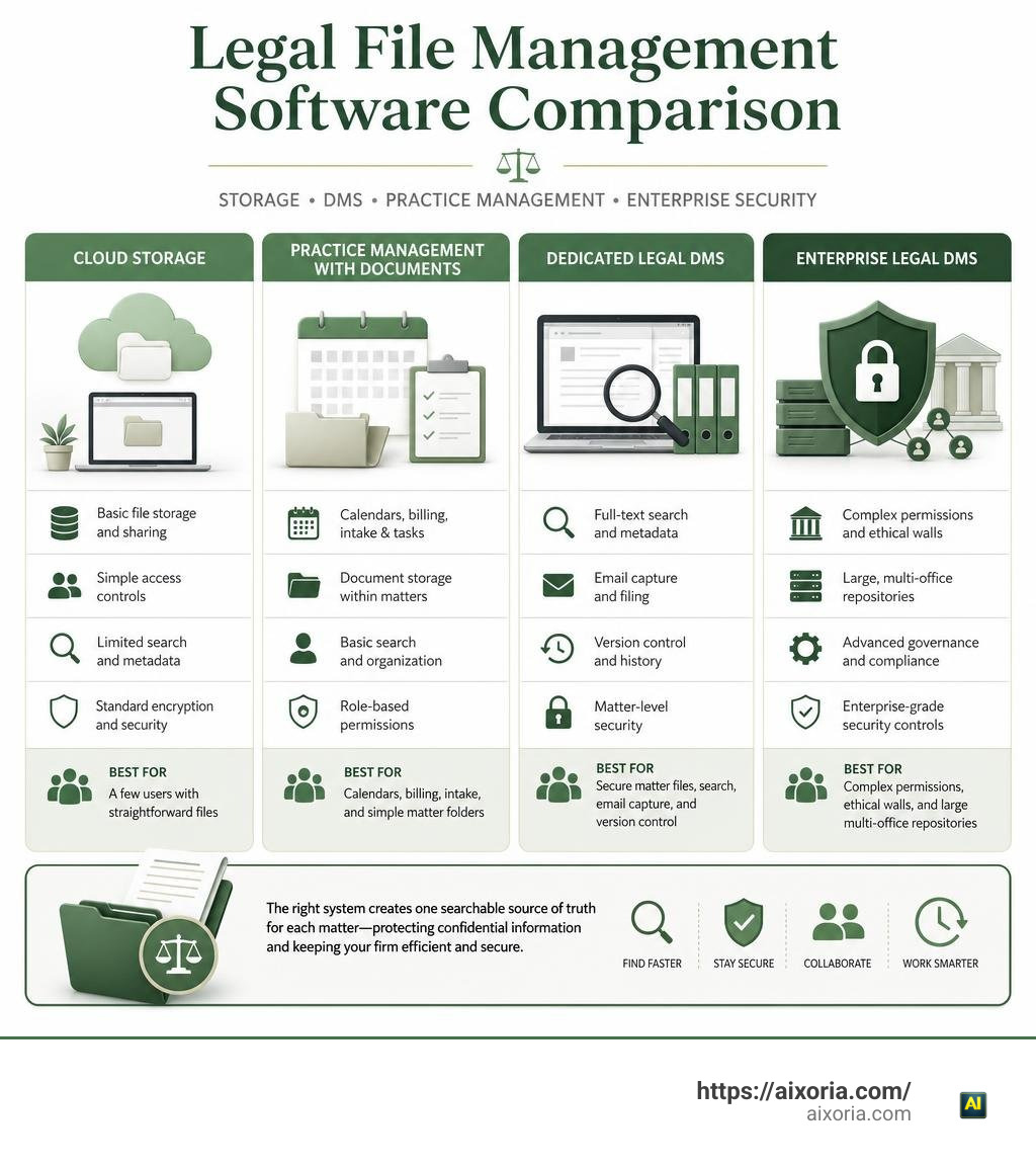 Legal file management software comparison: storage, DMS, practice management, enterprise security infographic