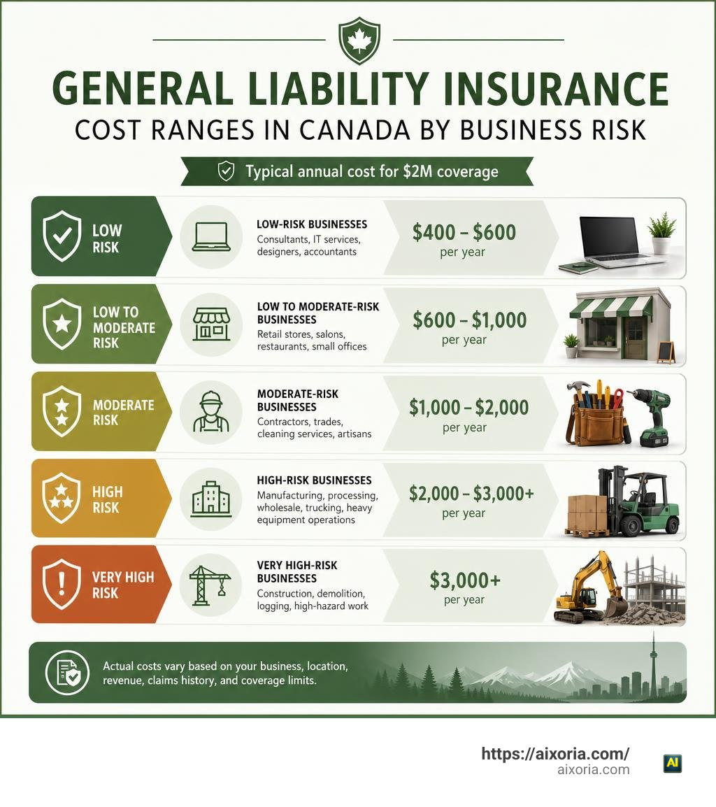 Infographic showing Canadian general liability insurance cost ranges by business risk infographic