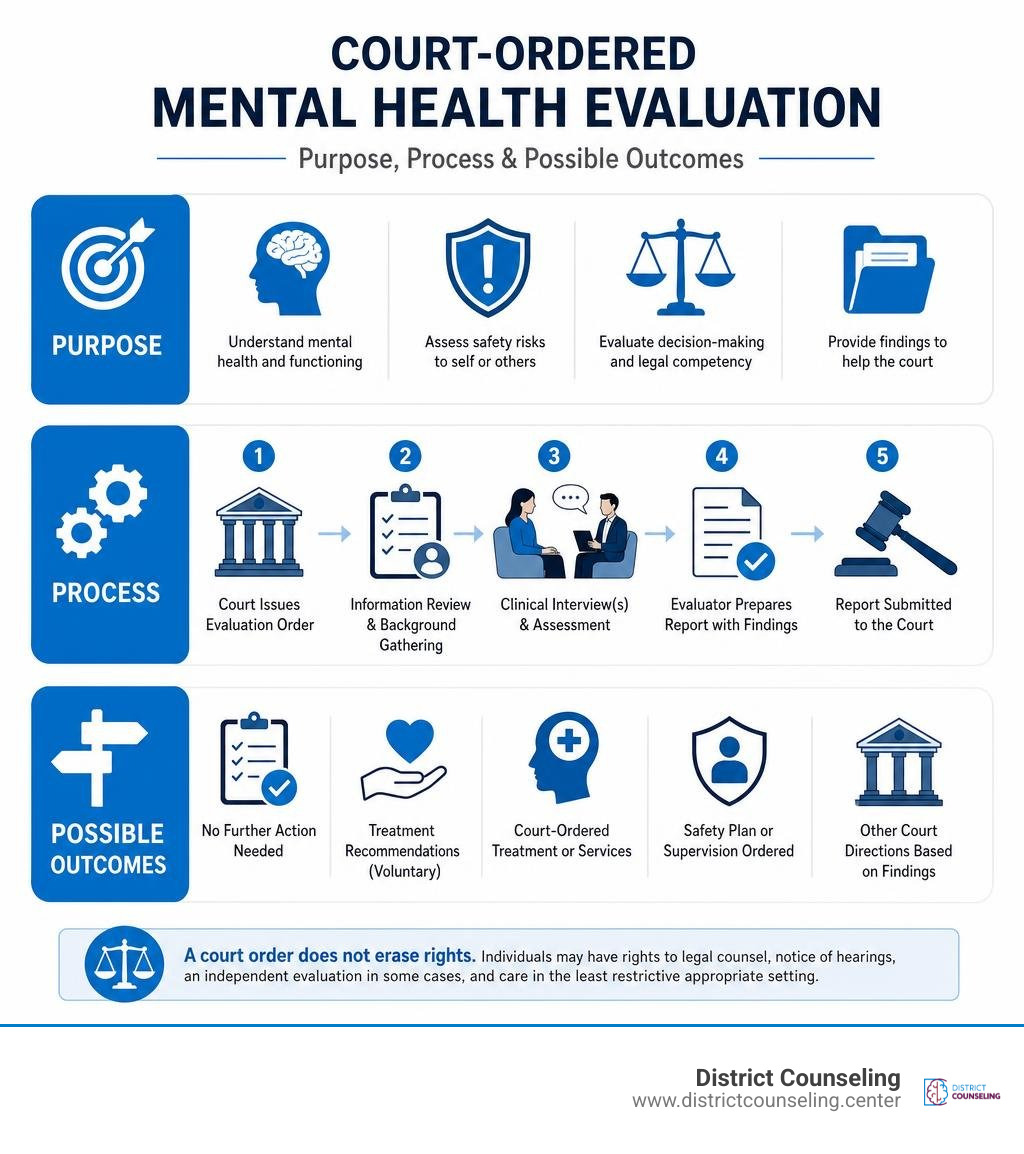 Court ordered mental health evaluation purpose process and possible outcomes infographic