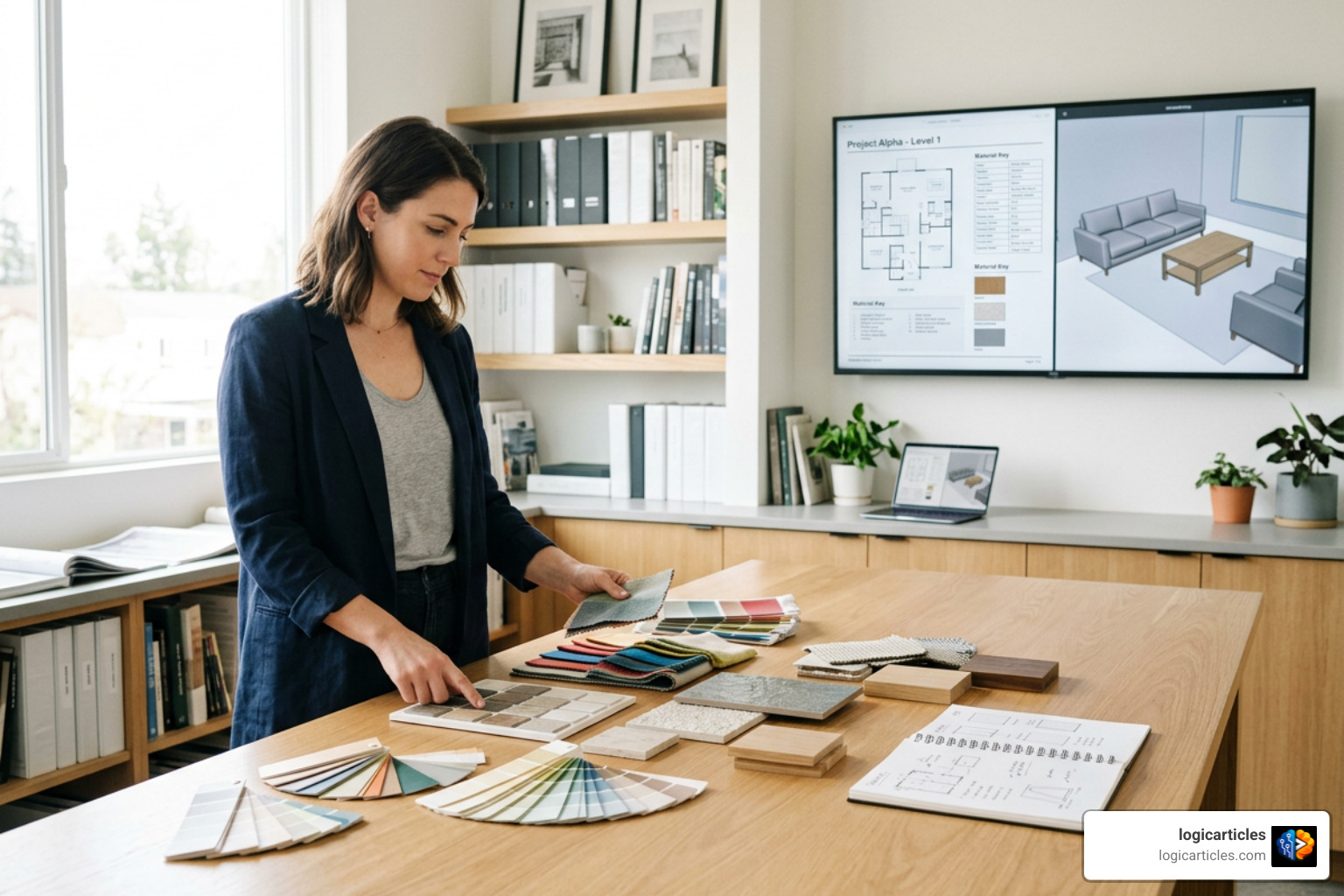 interior design studio managing sample materials and digital spec sheets