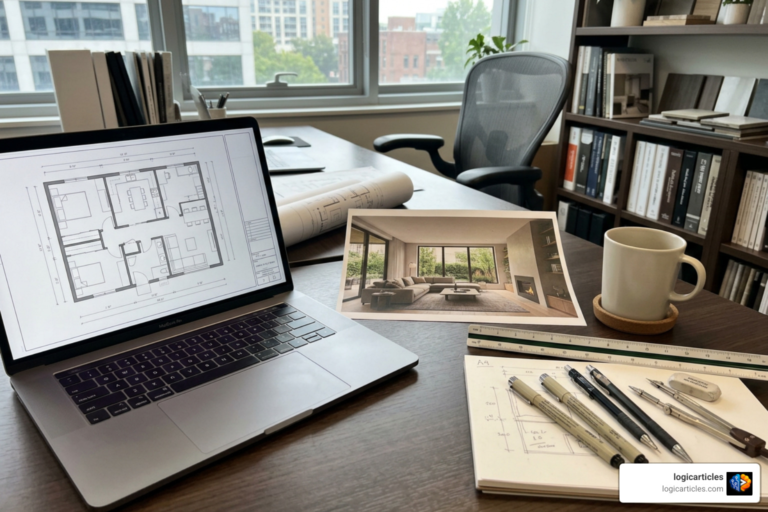2D CAD floor plan alongside a 3D rendered room